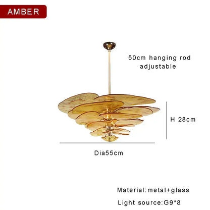 DecorBites™ amber glass chandelier with tiered amber-colored discs and metallic rod for luxury living space lighting