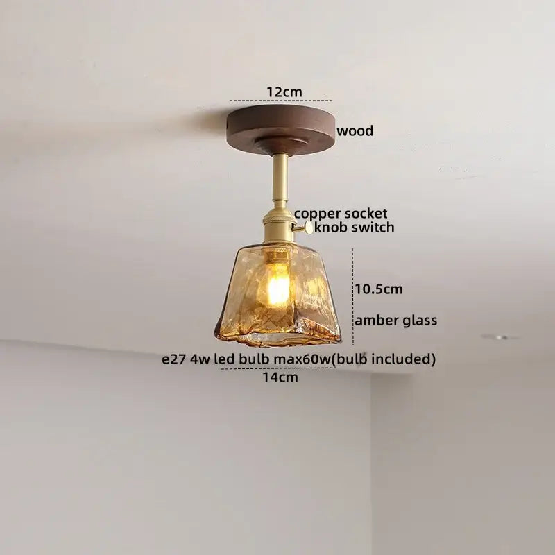 DecorBites™ amber glass copper ceiling light fixture with wooden mount for modern home decor lighting