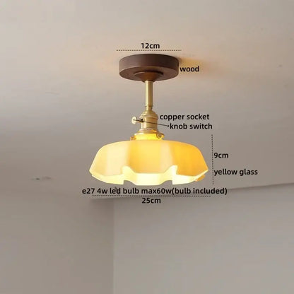 DecorBites™ amber glass copper ceiling light fixture with wooden base and yellow glass shade for modern home decor
