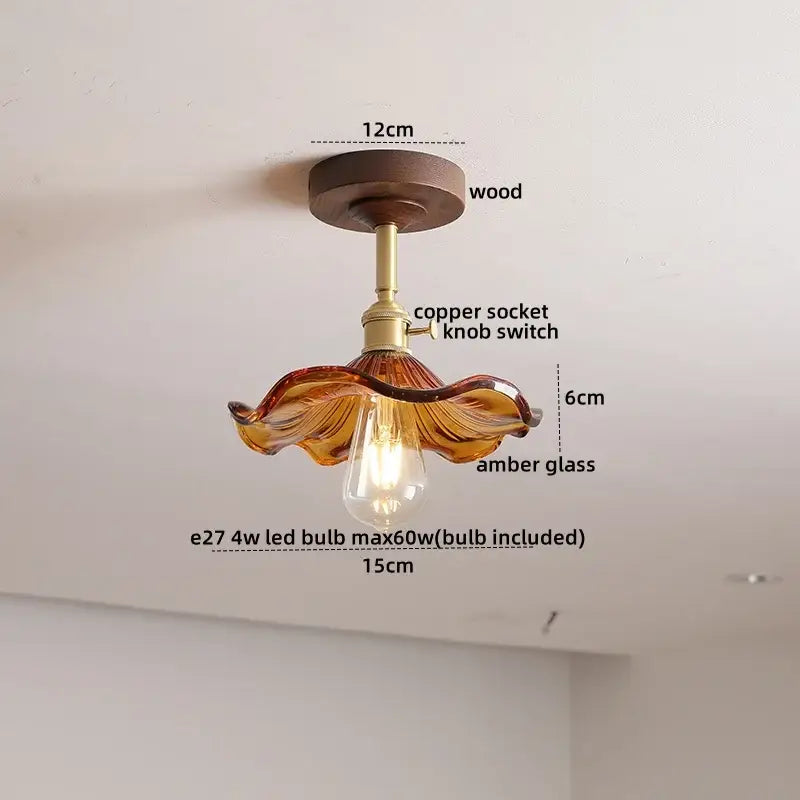 DecorBites™ amber glass copper ceiling light fixture with wooden base featuring elegant wavy design for modern decor