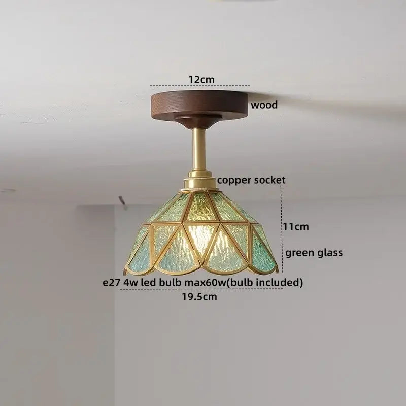 DecorBites™ ceiling light fixture with dark wood mount brass accents and faceted green glass shade for modern decor