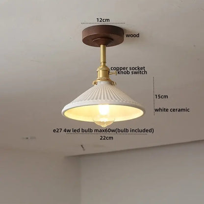 DecorBites™ ceiling light fixture with white ceramic fluted pendant, brass copper socket, and dark wood ceiling plate