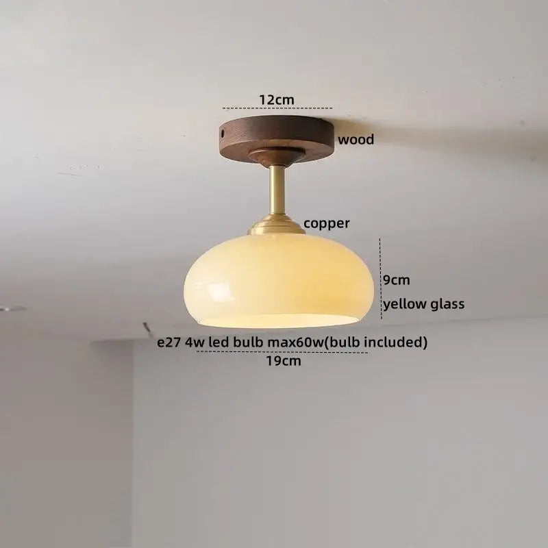 DecorBites amber glass copper ceiling light fixture with wooden mount and translucent yellow shade for modern decor