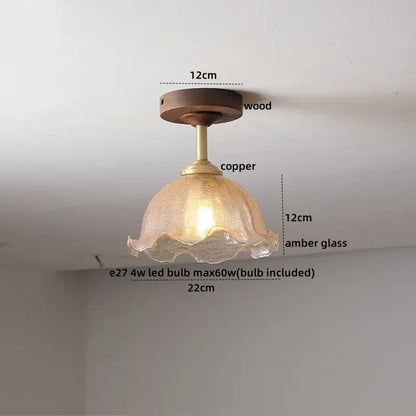 DecorBites amber glass copper ceiling light fixture with wooden mount for modern home decor lighting