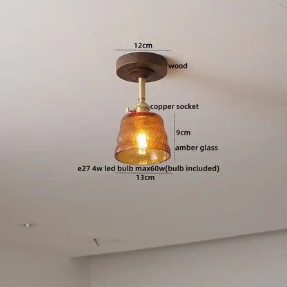 Decorbites amber glass copper led ceiling light fixture with wooden mount modern ceiling light fixture
