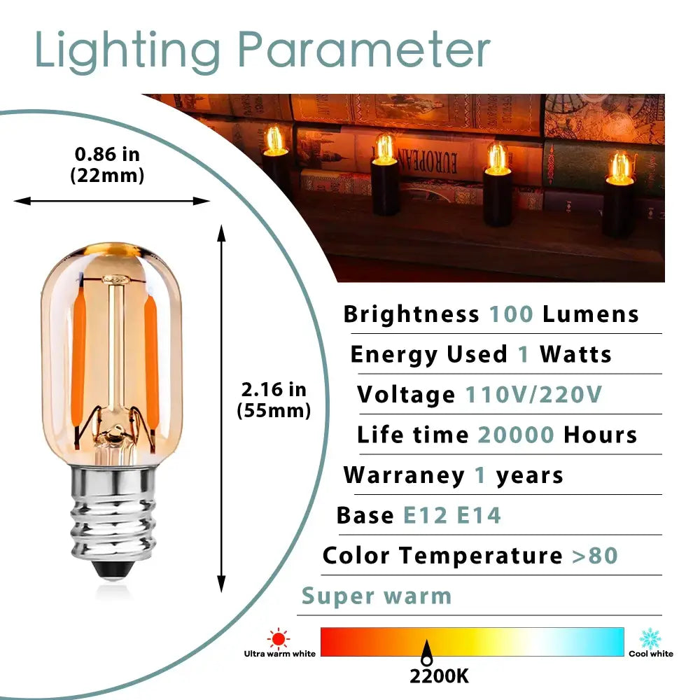 DecorBites amber glass led filament bulb with warm-toned vintage-style clear glass and metallic base E12 E14 T22G 1W 2200K
