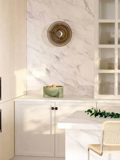 DecorBites™ amber glass disc wall lamp with translucent amber glass and dark bronze rim modern minimalist led sconce