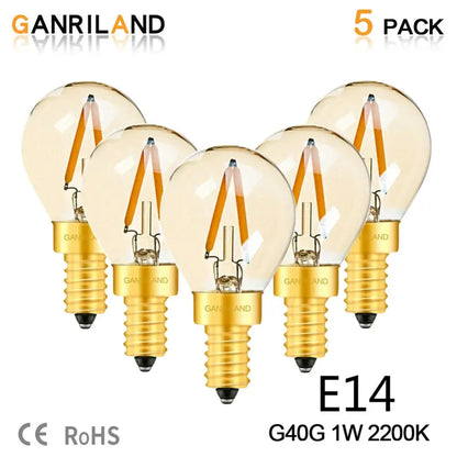 Set of five decorbites amber glass led bulbs g40 with clear glass globes and gold screw bases e14 filament led bulb