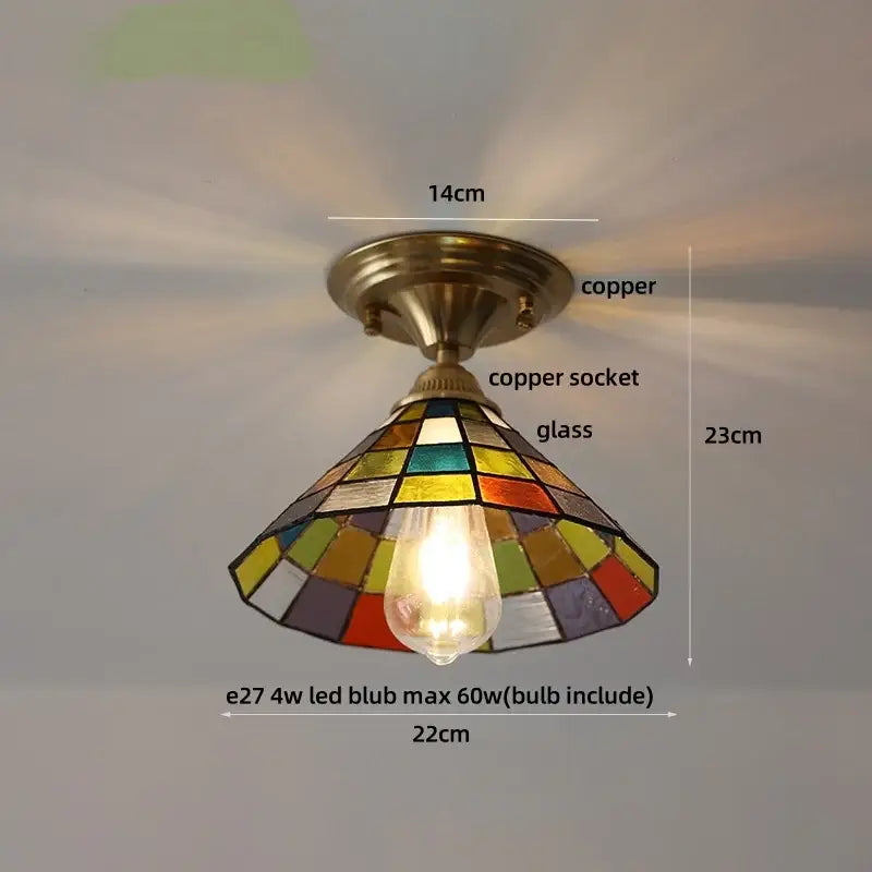 Decorbites amber glass led ceiling lamp with colorful stained glass geometric panels and copper base for indoor lighting