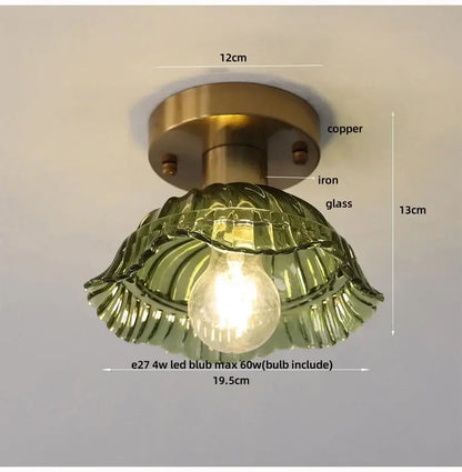 DecorBites™ amber glass led ceiling lamp with olive green textured glass shade and brass-finished copper iron mount