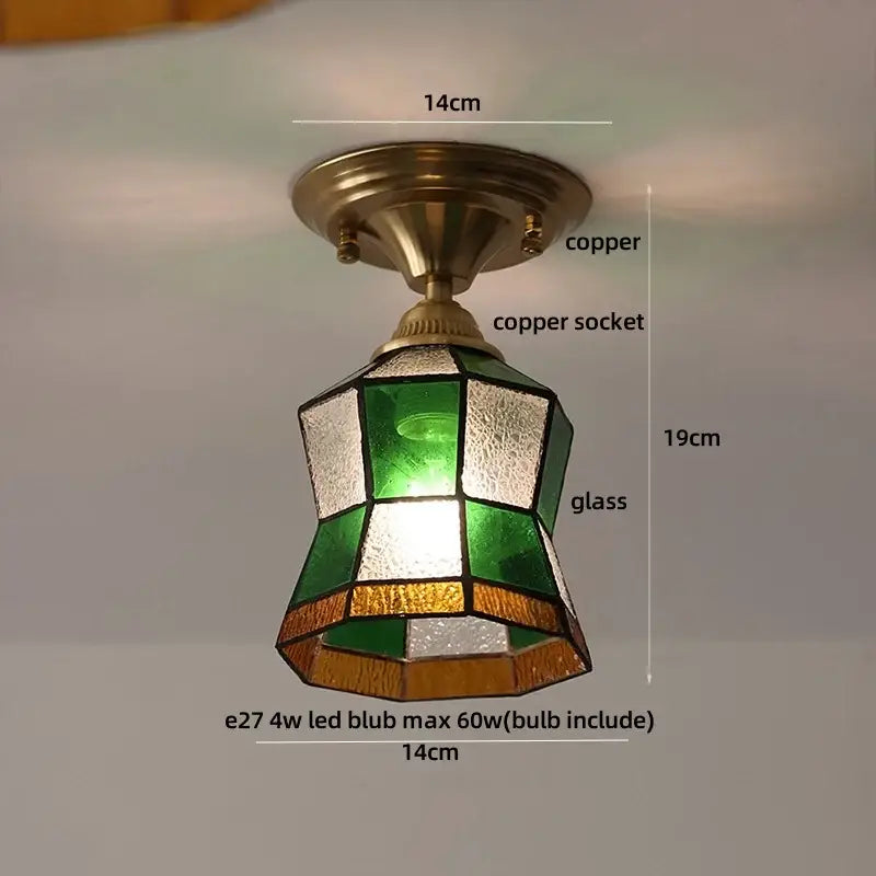 Decorbites™ nordic modern amber glass led ceiling lamp with green and white stained glass pendant and copper hardware