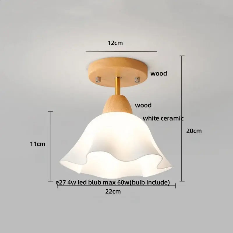 DecorBites™ minimalist ceiling light with warm wood base and white ceramic shade complements amber glass led luminaires