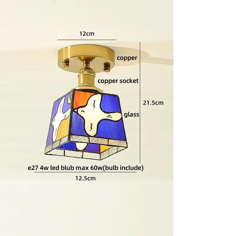DecorBites™ amber glass led ceiling light with copper fixture and white dove on blue orange and purple panels