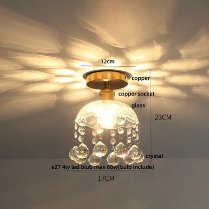 Decorbites amber glass led ceiling light with delicate crystal chandelier, copper base, and teardrop glass led ceiling accents