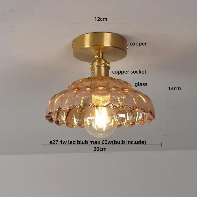 Vintage style ceiling light fixture with copper base and amber glass led overlapping petal shade by DecorBites™