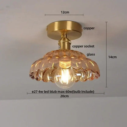 Vintage style ceiling light fixture with copper base and amber glass led overlapping petal shade by DecorBites™