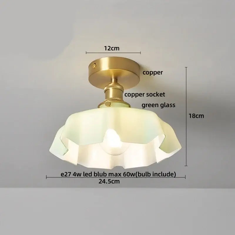 DecorBites™ amber glass led ceiling light with brass copper finish and green ruffled glass shade vintage style
