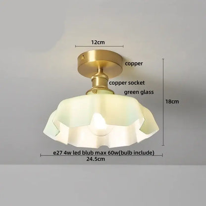 DecorBites™ amber glass led ceiling light with brass copper finish and green ruffled glass shade vintage style