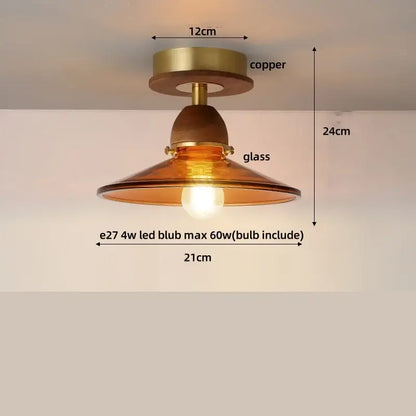 Decorbites™ amber glass led ceiling light with copper finish and warm glowing bulb in japan style vintage wood design