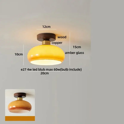 A warm amber glass led ceiling light with wood and copper fixture in japan style vintage design by DecorBites