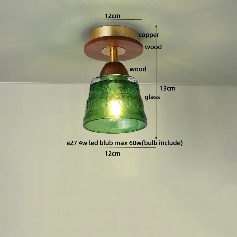 DecorBites amber glass led ceiling light with green textured glass and wood copper fixture in vintage Japan style