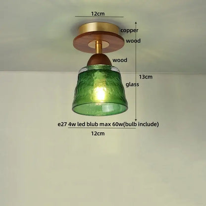 DecorBites amber glass led ceiling light with green textured glass and wood copper fixture in vintage Japan style