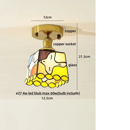 DecorBites amber glass led ceiling light with yellow white stained glass and copper base featuring bird design