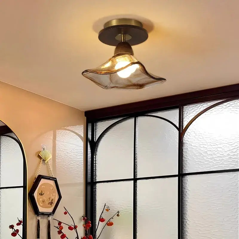 DecorBites amber glass LED ceiling light with warm-toned translucent glass and brass-finished metal base vintage style