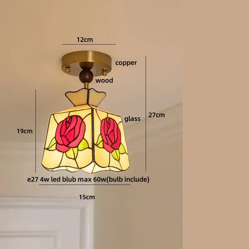 Decorbites amber glass led ceiling light with vibrant red rose motifs on warm yellow glass and wood accents vintage design