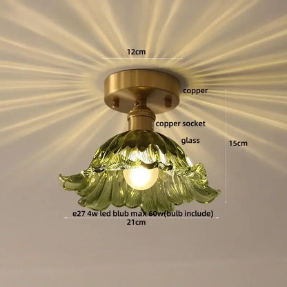 DecorBites™ amber glass led ceiling light with vintage copper base and green glass flower shade in Japan style wood luminaires