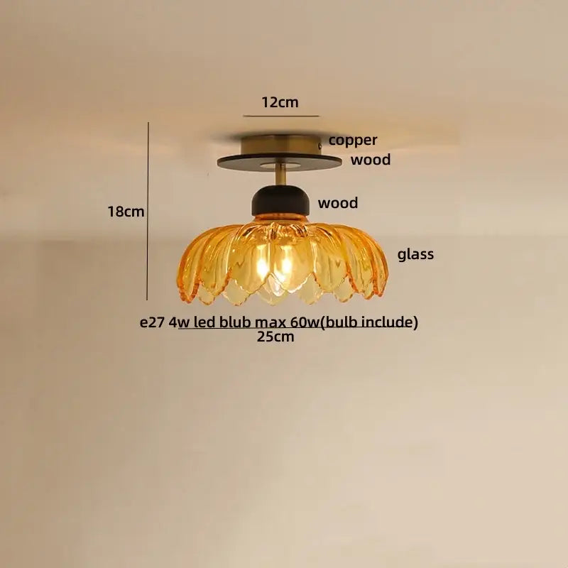 A warm amber glass led ceiling light with copper and wood base in delicate petal shape by decorbites japan style vintage