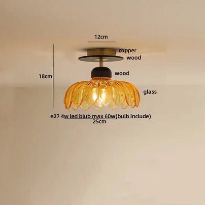 A warm amber glass led ceiling light with copper and wood base in delicate petal shape by decorbites japan style vintage