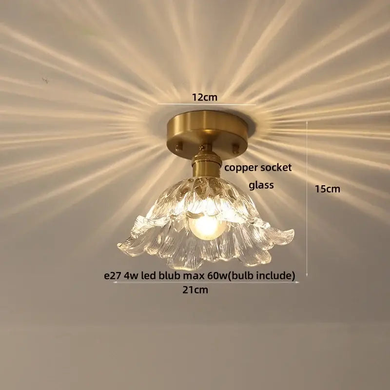 Decorbites amber glass led ceiling light with delicate flower-shaped clear glass and brass copper socket with e27 bulb