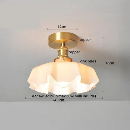 DecorBites™ amber glass led ceiling light with vintage copper base and ruffled pink glass led ceiling shade Japan style