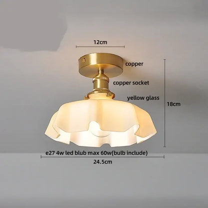 DecorBites amber glass led ceiling light with a vintage-style copper base and soft yellow ruffled glass shade