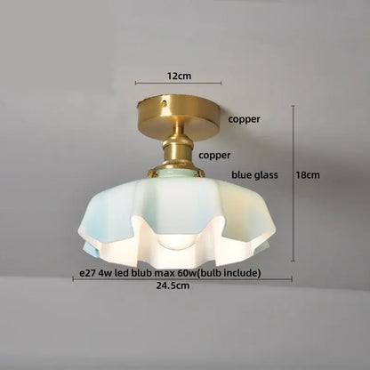 DecorBites™ amber glass led ceiling light with copper metal base and ruffled blue glass shade in vintage Japan style
