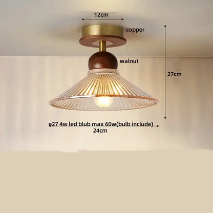Decorbites amber glass led ceiling light with warm amber glass, walnut wood accent, and copper-finished mounting ring