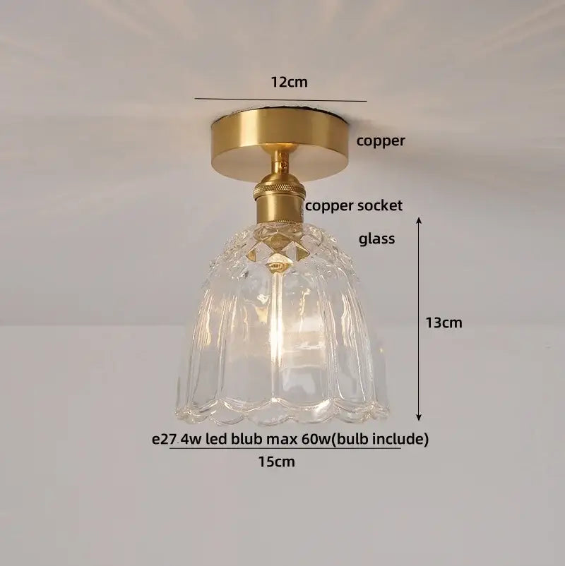 Decorbites amber glass led ceiling light featuring a clear faceted glass pendant with a brass copper socket and base