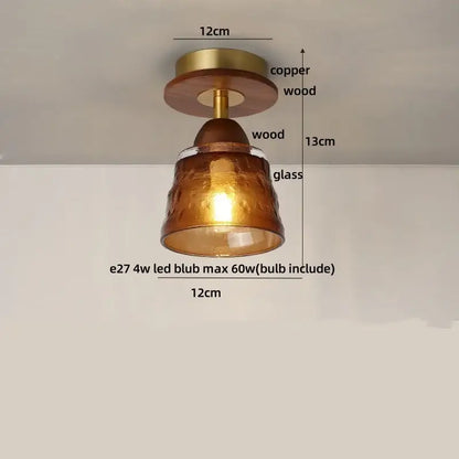 DecorBites™ amber glass LED ceiling light with warm amber glass, hammered texture, copper base, and wooden accents
