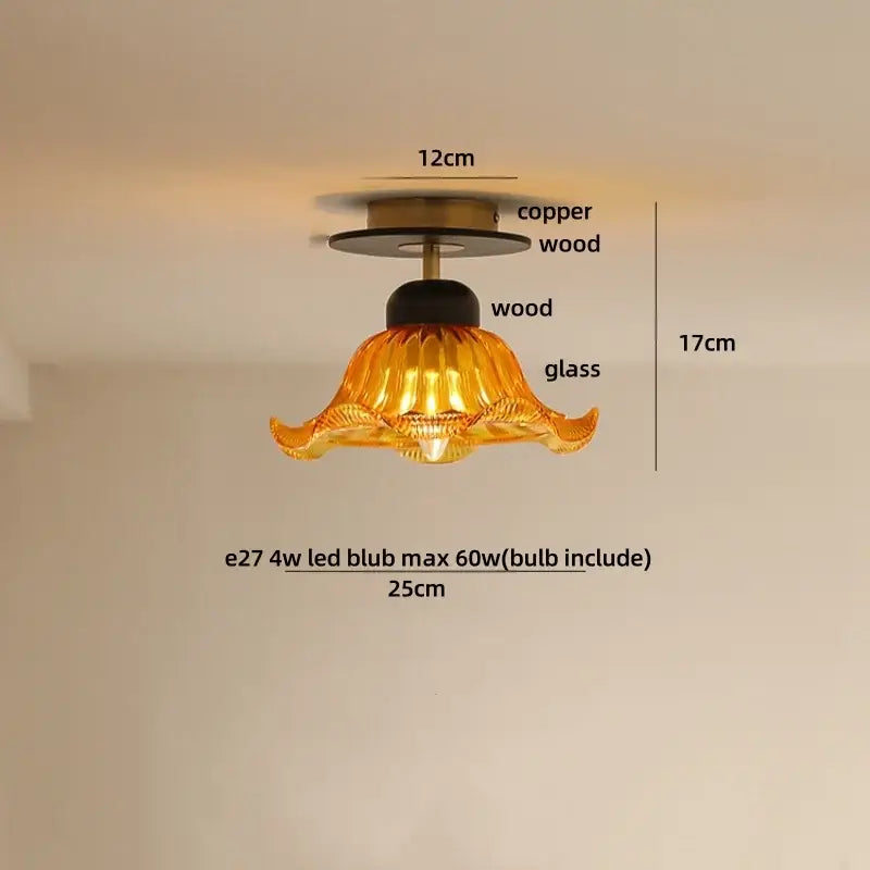 Decorbites amber glass led ceiling light with golden amber fluted glass shade and copper wood mounting hardware