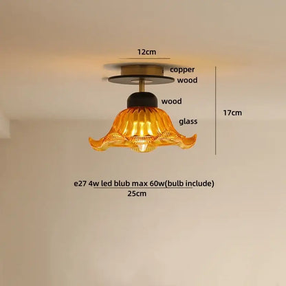 Decorbites amber glass led ceiling light with golden amber fluted glass shade and copper wood mounting hardware