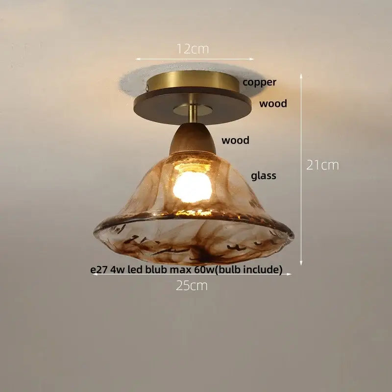 Decorbites amber glass led ceiling light with warm amber glass pendant and copper wood vintage fixture design