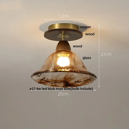 Decorbites amber glass led ceiling light with warm amber glass pendant and copper wood vintage fixture design