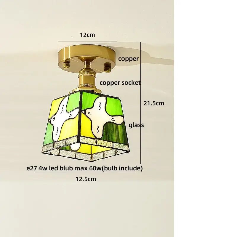Decorbites amber glass led ceiling light with green yellow stained glass and white bird motifs vintage japan style