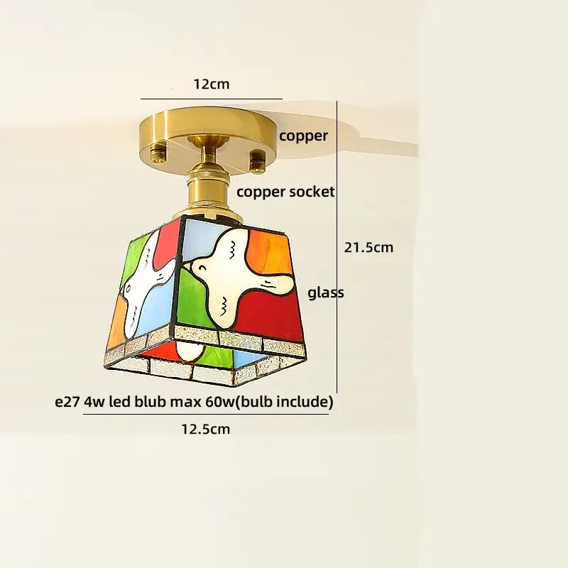 DecorBites amber glass LED ceiling light with colorful stained glass geometric design and white dove motifs on copper base