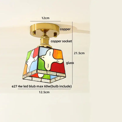 DecorBites amber glass LED ceiling light with colorful stained glass geometric design and white dove motifs on copper base