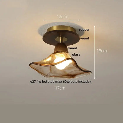 DecorBites amber glass led ceiling light with warm amber glass and copper wood fixture in elegant curved design
