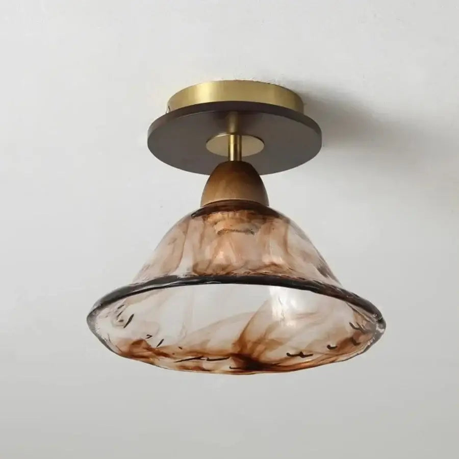 A warm amber glass led ceiling light with brass and dark wood fixture from DecorBites™ Japan style vintage luminaires