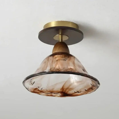 A warm amber glass led ceiling light with brass and dark wood fixture from DecorBites™ Japan style vintage luminaires