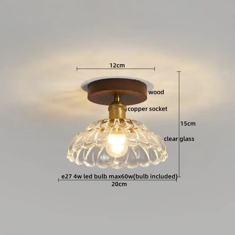 DecorBites amber glass led ceiling light with dark wood base brass copper socket and clear petal-patterned glass shade